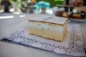 Closeup of traditional Slovenian dessert cream cake called Kremna Rezina or Kremsnita