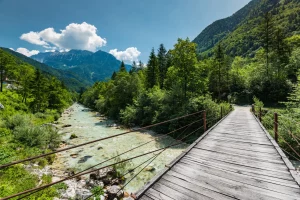Wooden bridge over Soca river in Slovenia